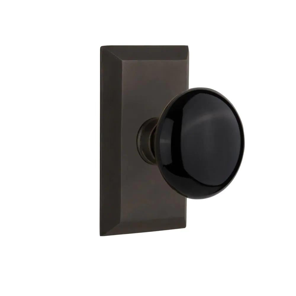 Studio Plate 2-3/8 in. Backset Oil-Rubbed Bronze Privacy Bed/Bath Black Porcelain Door Knob
