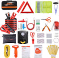 Car Roadside Emergency Kit with Jumper Cables, Auto Vehicle Safety Road Side Assistance Kits, Winter Car Kit for Women and Men, with Portable Air Compressor, First Aid Kit, Tow Rope, Multitool Plier