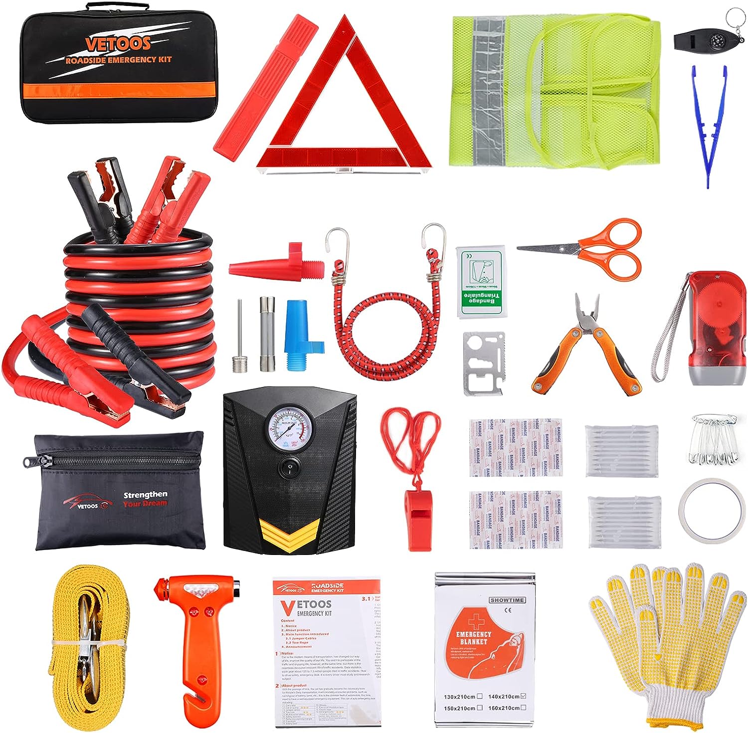 Car Roadside Emergency Kit with Jumper Cables, Auto Vehicle Safety Road Side Assistance Kits, Winter Car Kit for Women and Men, with Portable Air Compressor, First Aid Kit, Tow Rope, Multitool Plier