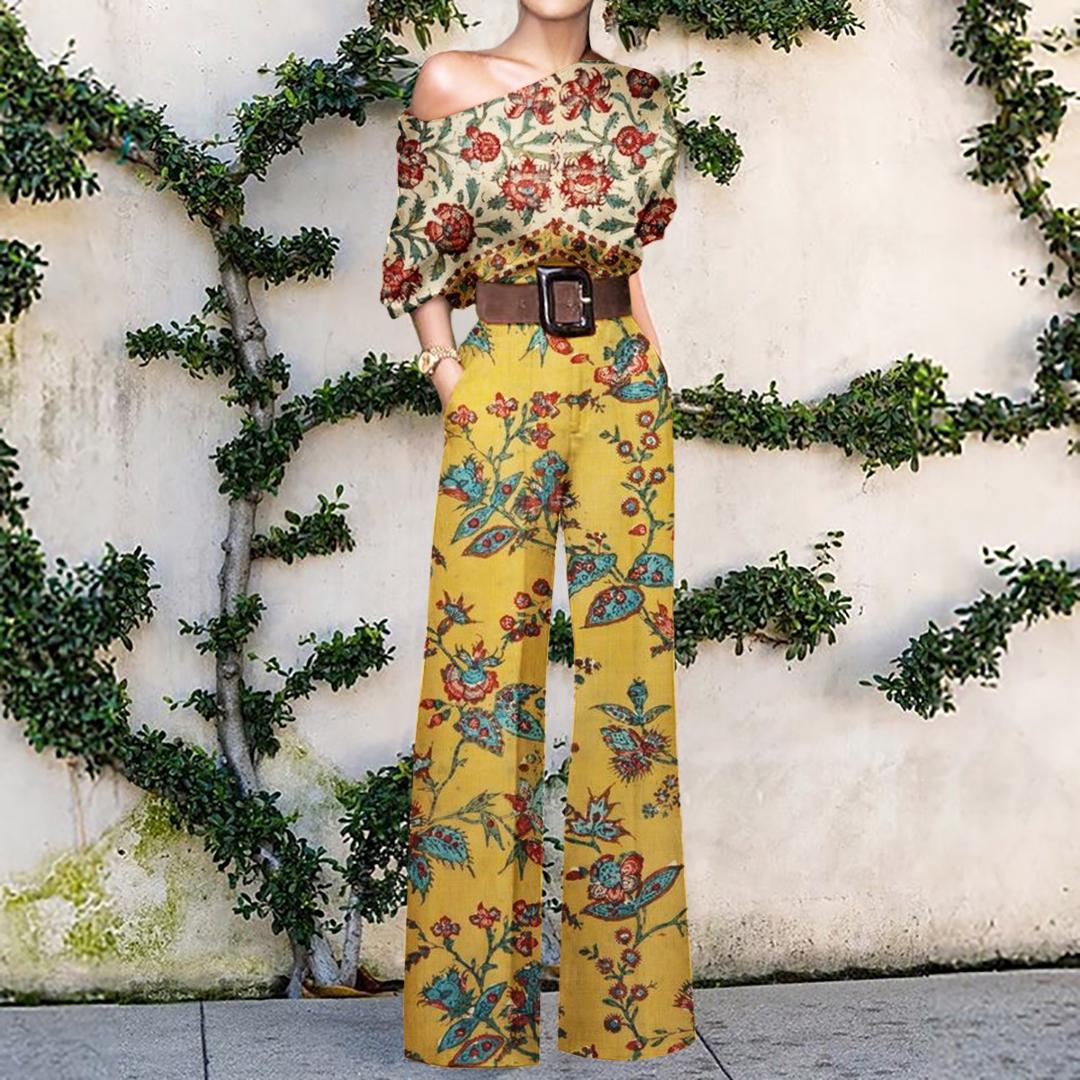 Fashion Art Print One Shoulder Holiday Casual Jumpsuit Women