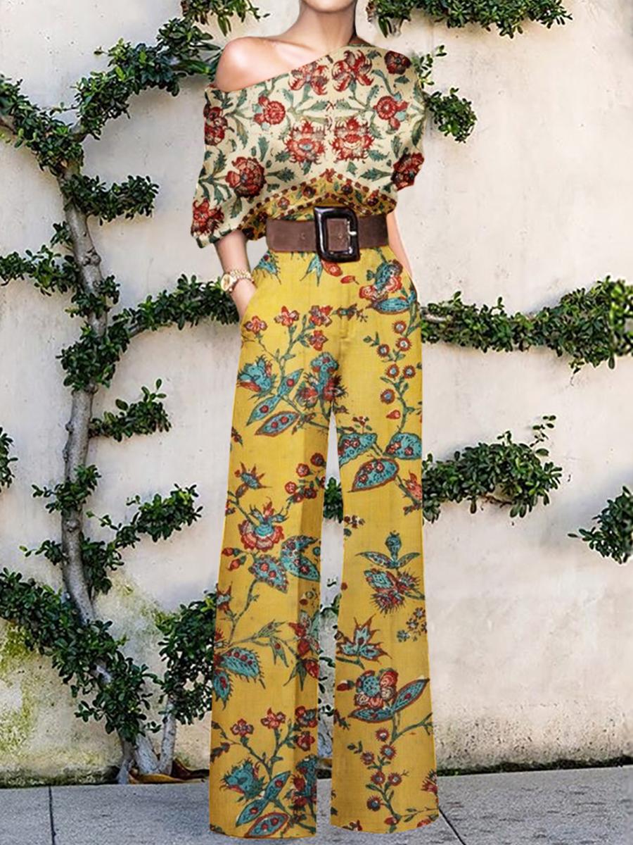 Fashion Art Print One Shoulder Holiday Casual Jumpsuit Women