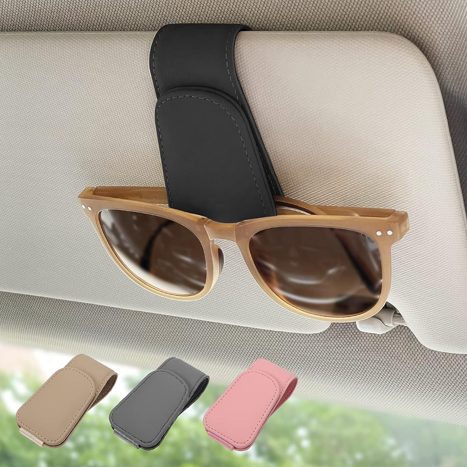 Ompellus Magnetic Leather Sunglass Holder, Eyeglass Hanger Clip for Car Sun Visor, Suitable for Different Size Eyeglasses(Black)