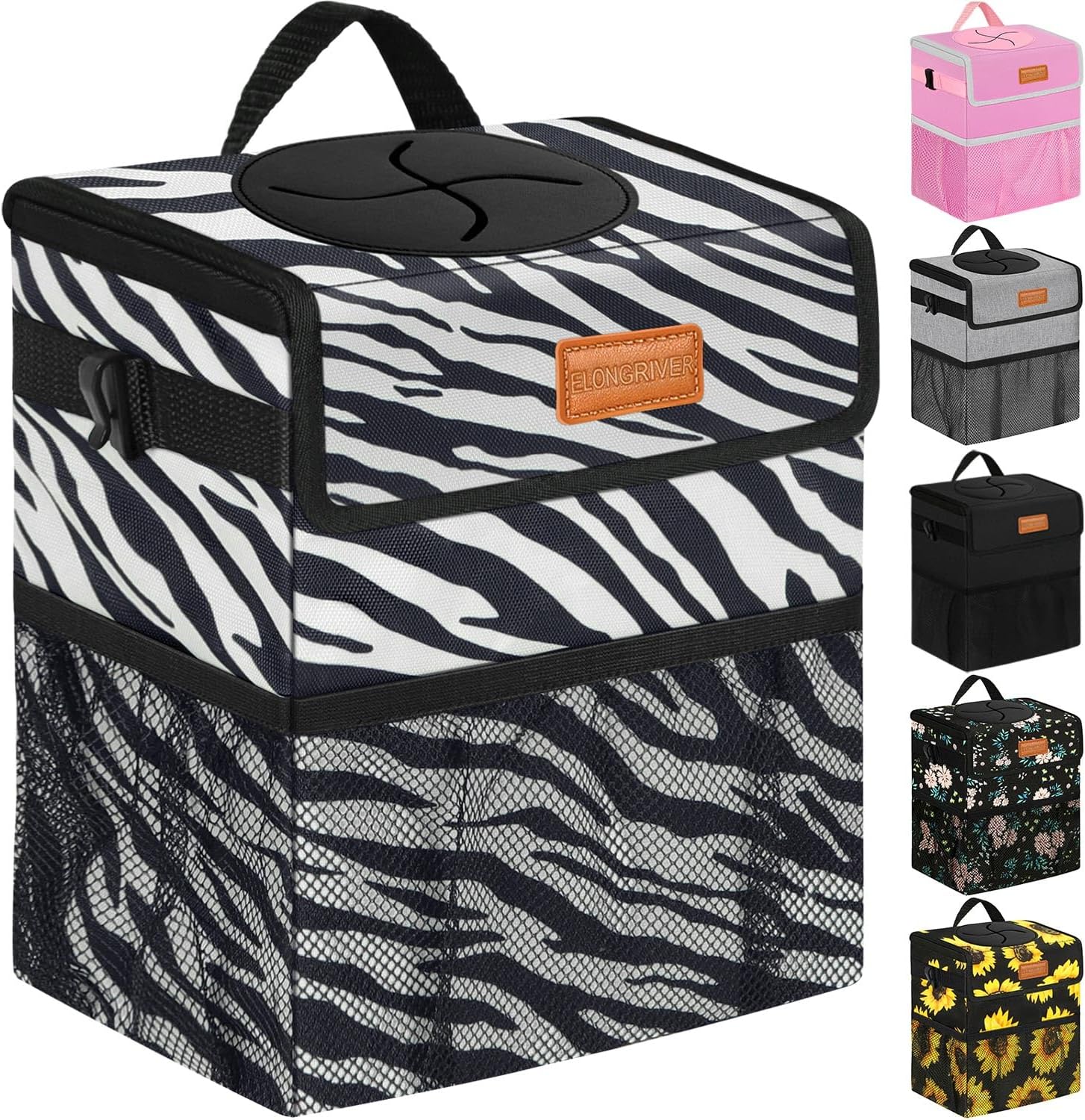 ELONGRIVER Car Trash Can Bin for Car Back Seat Leak Proof, Cute Car Trash Bag Hanging, Vehicle Trash Can for SUV Truck Van, Automotive Car Garbage Cans Front Seat Zebra