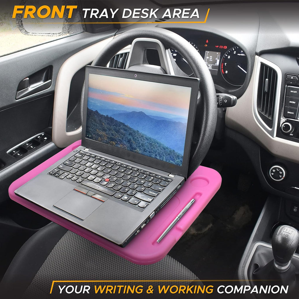 EcoNour 2 in 1 Car Steering Wheel Desk | Steering Wheel Tray for Laptop and Food | Pink Car Table Tray for Eating with Drinks Holder | Pink Car Accessories