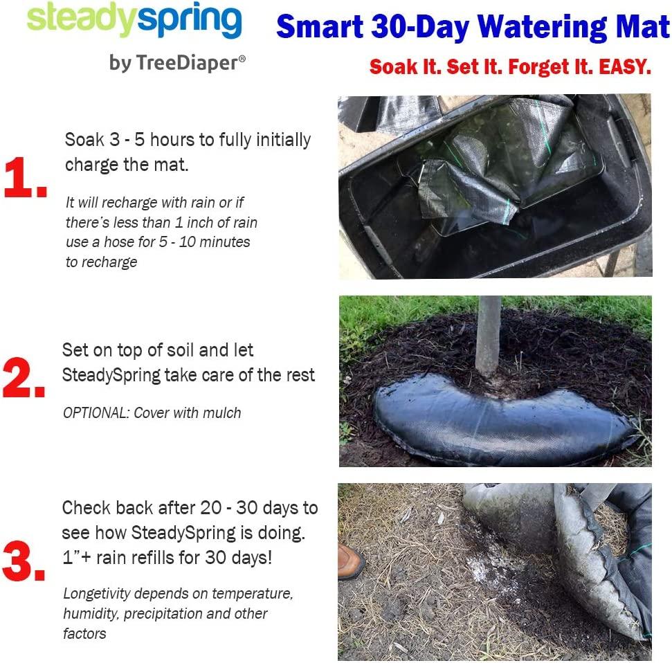 SteadySpring Smart 30-Day Tree Watering Mat Auto Refills with Rain for Trees up to 3 inch Caliper LarRound Tree Watering Bag Plus Weed Barrier and Frost Protection Blanket (4)