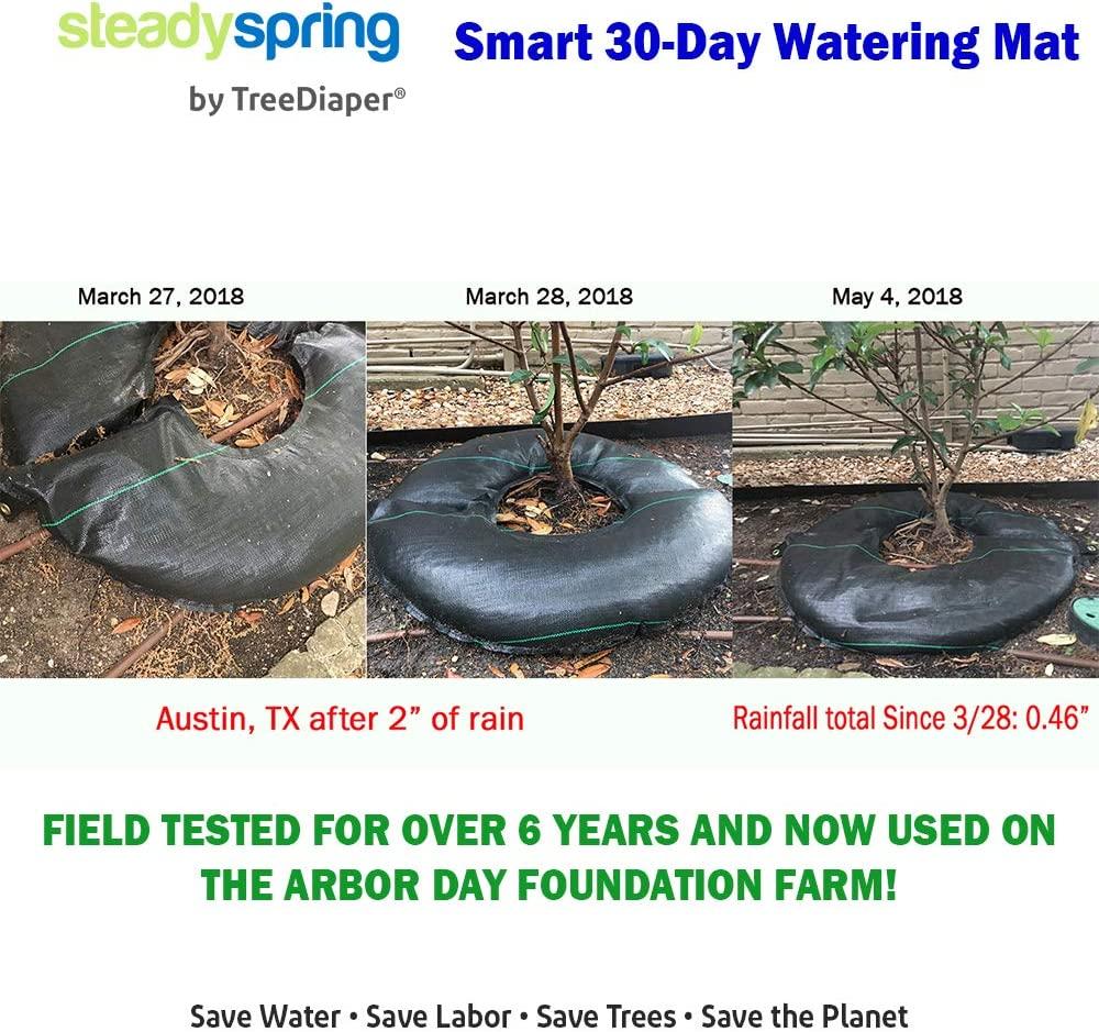 SteadySpring Smart 30-Day Tree Watering Mat Auto Refills with Rain for Trees up to 3 inch Caliper LarRound Tree Watering Bag Plus Weed Barrier and Frost Protection Blanket (4)