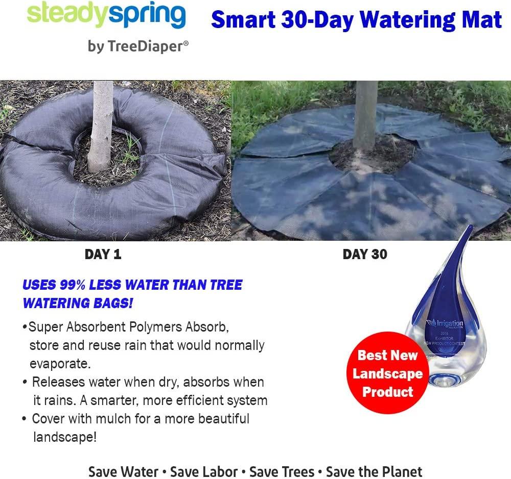 SteadySpring Smart 30-Day Tree Watering Mat Auto Refills with Rain for Trees up to 3 inch Caliper LarRound Tree Watering Bag Plus Weed Barrier and Frost Protection Blanket (4)