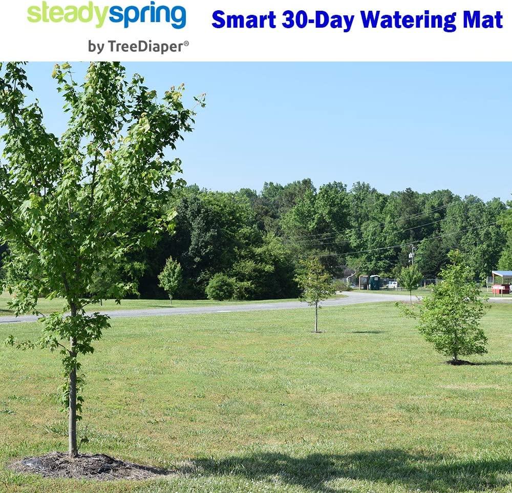 SteadySpring Smart 30-Day Tree Watering Mat Auto Refills with Rain for Trees up to 3 inch Caliper LarRound Tree Watering Bag Plus Weed Barrier and Frost Protection Blanket (4)