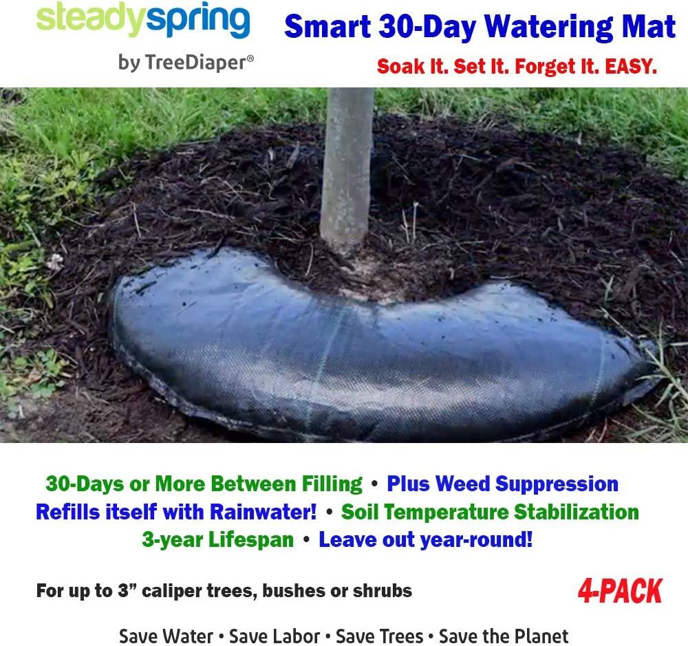 SteadySpring Smart 30-Day Tree Watering Mat Auto Refills with Rain for Trees up to 3 inch Caliper LarRound Tree Watering Bag Plus Weed Barrier and Frost Protection Blanket (4)