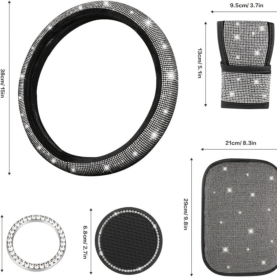 7Pcs/Set Car Decoration Kit, White Artificial Diamond Car Steering Wheel Cover, Center Console Cover Pad, Gear Shift Cover, Ignition Ring, Car Coaster