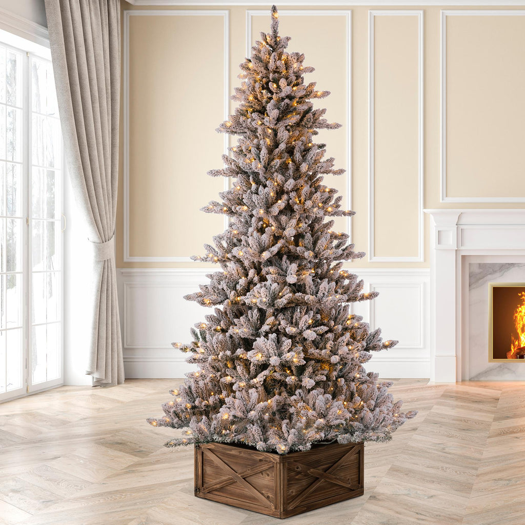 Glitzhome 7.5ft Pre-Lit Snow Flocked Fir Christmas Tree with Warm White Lights