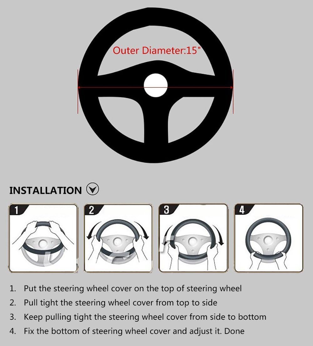Valleycomfy Universal 15 inch Auto Car Steering Wheel Cover with Black Genuine Leather for HRV CRV Accord Corolla Prius Rav4 Tacoma Camry X1 X3 X5 335i 535i,etc