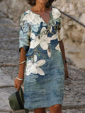 Fashion Flower Print V-neck Long Sleeve Shift Dress