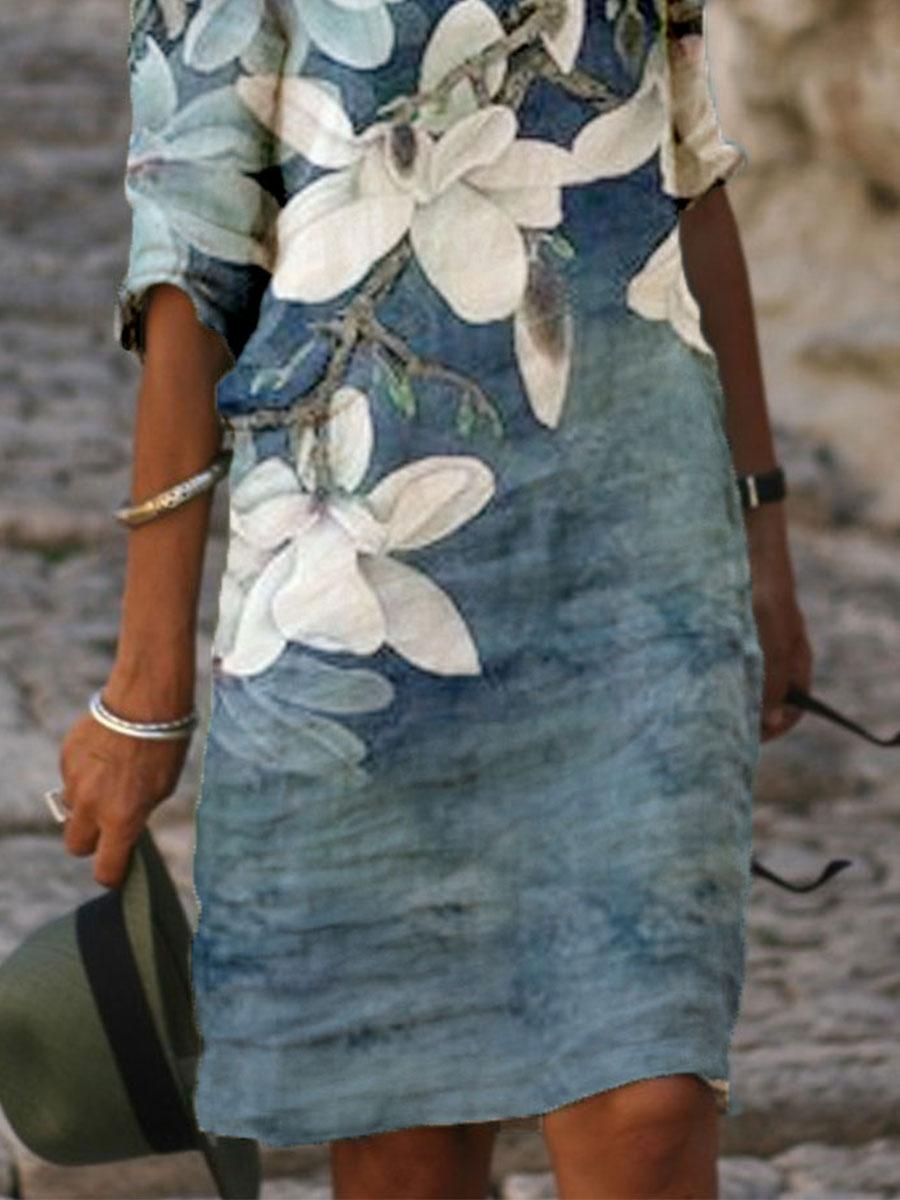 Fashion Flower Print V-neck Long Sleeve Shift Dress