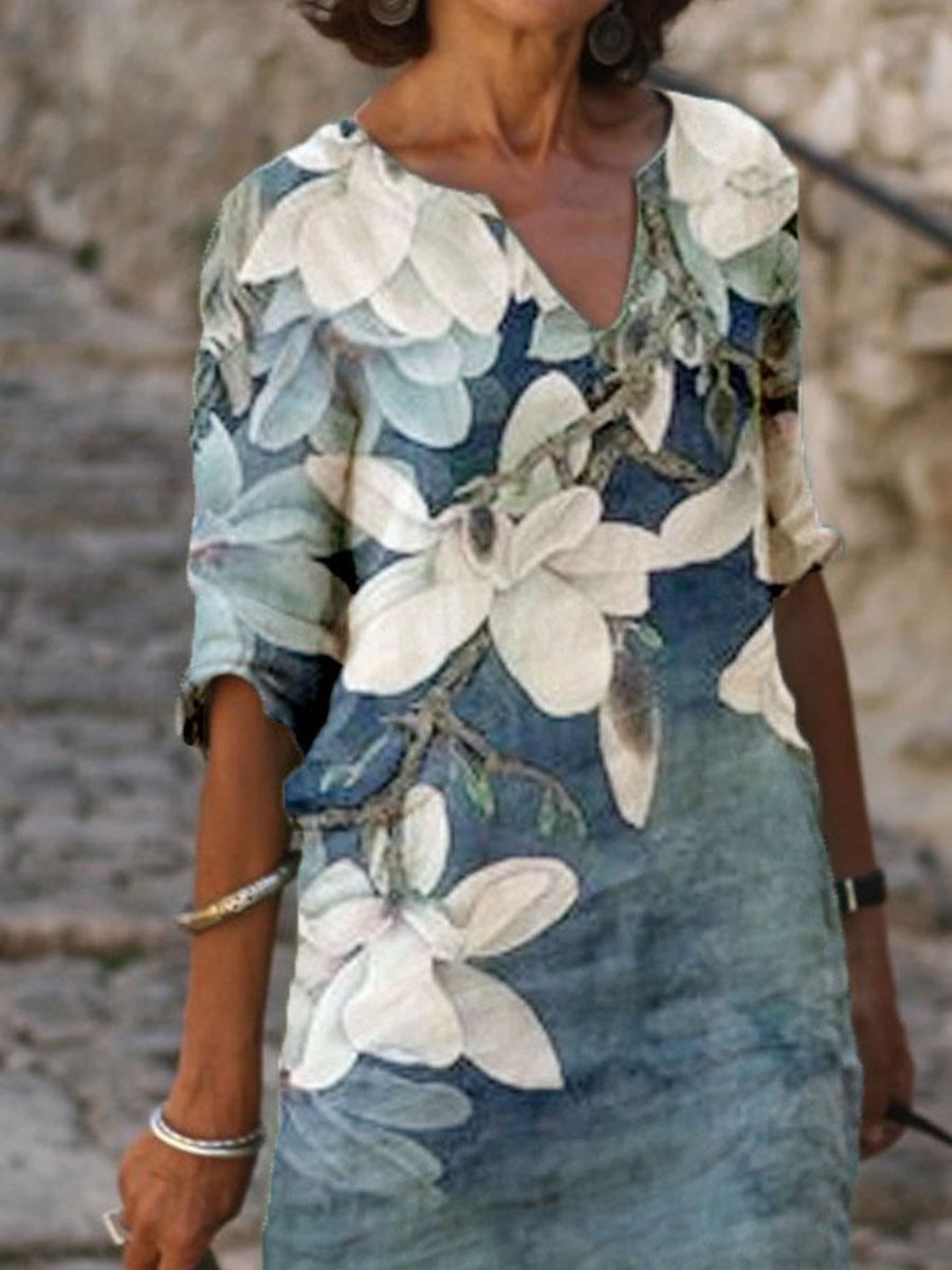 Fashion Flower Print V-neck Long Sleeve Shift Dress