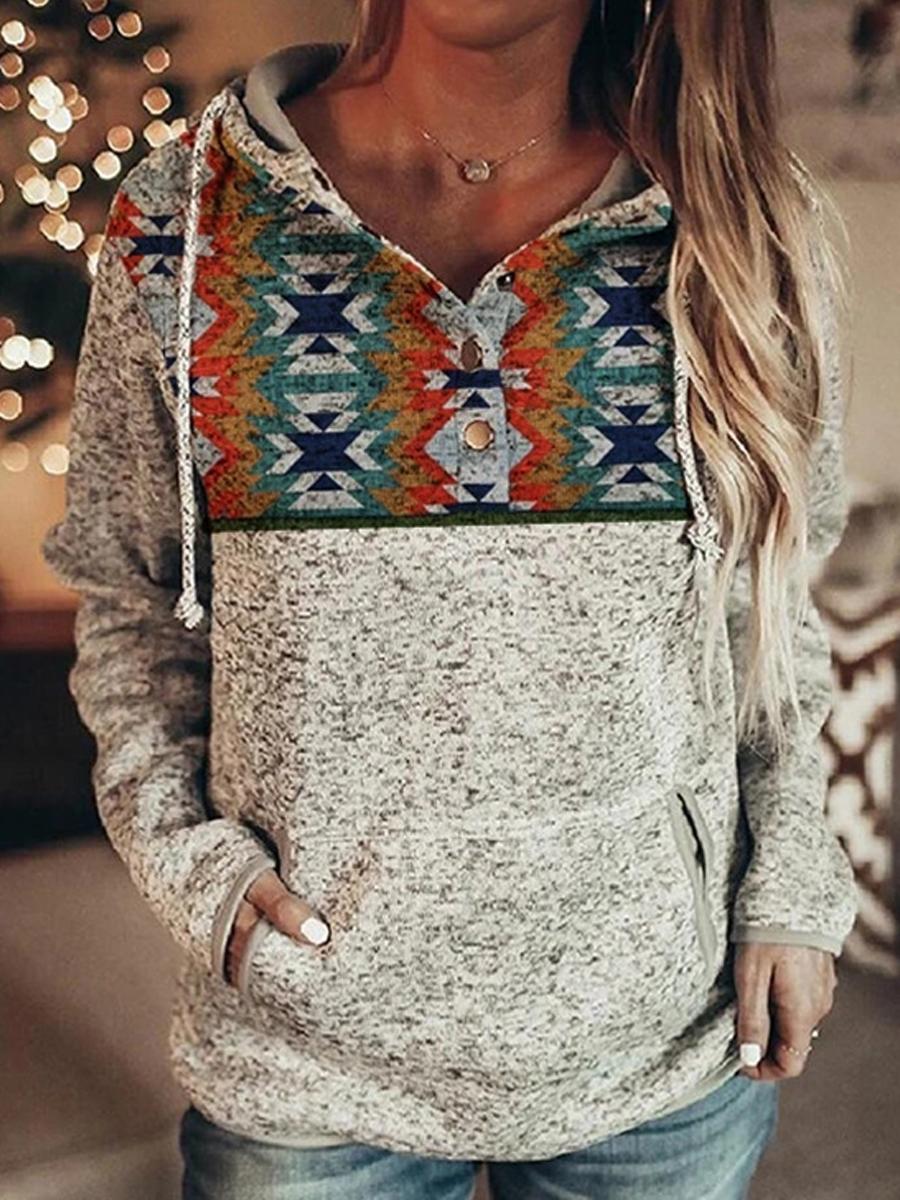 Grey Printed Long Sleeve Pullover Hoodie