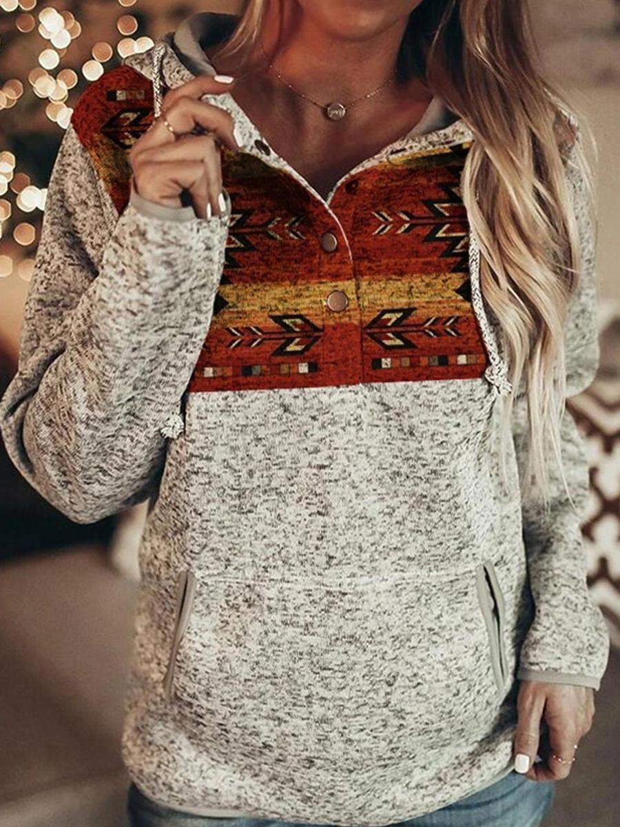 Grey Printed Long Sleeve Pullover Hoodie
