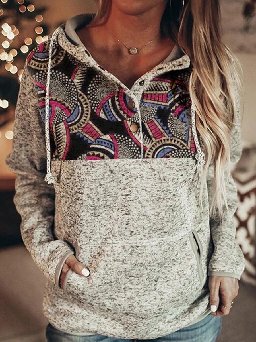 Grey Printed Long Sleeve Pullover Hoodie