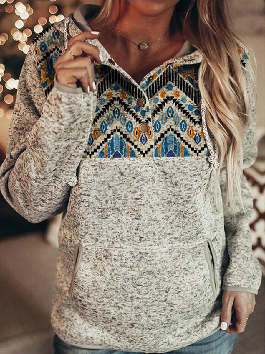 Grey Printed Long Sleeve Pullover Hoodie