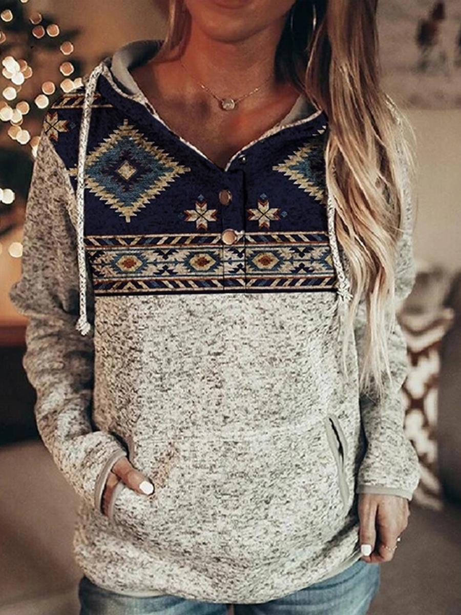 Grey Printed Long Sleeve Pullover Hoodie