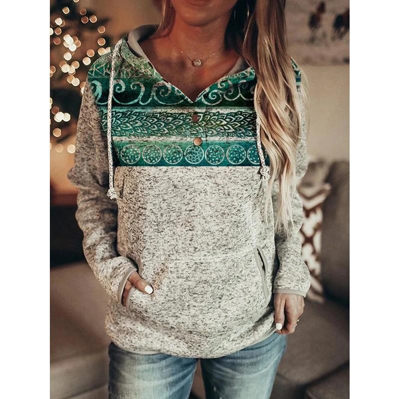 Grey Printed Long Sleeve Pullover Hoodie