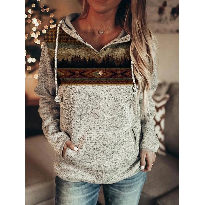 Grey Printed Long Sleeve Pullover Hoodie
