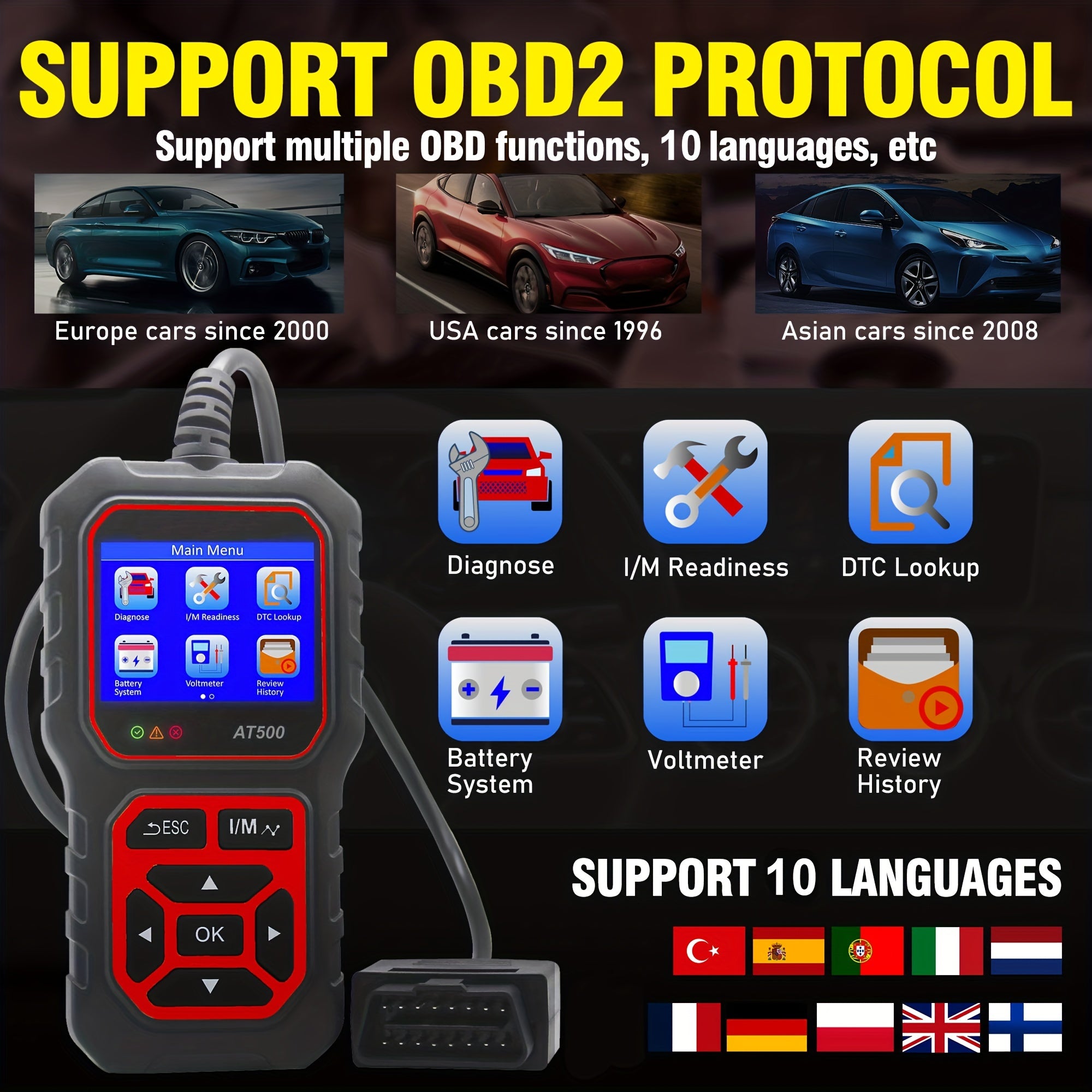 Car Code Reader, OBD2 Car Code Scanner VoltaTester Engine Fault Code Scanner CranAnd Charging Tester Diagnostic Tool For OBDII Protocol Cars