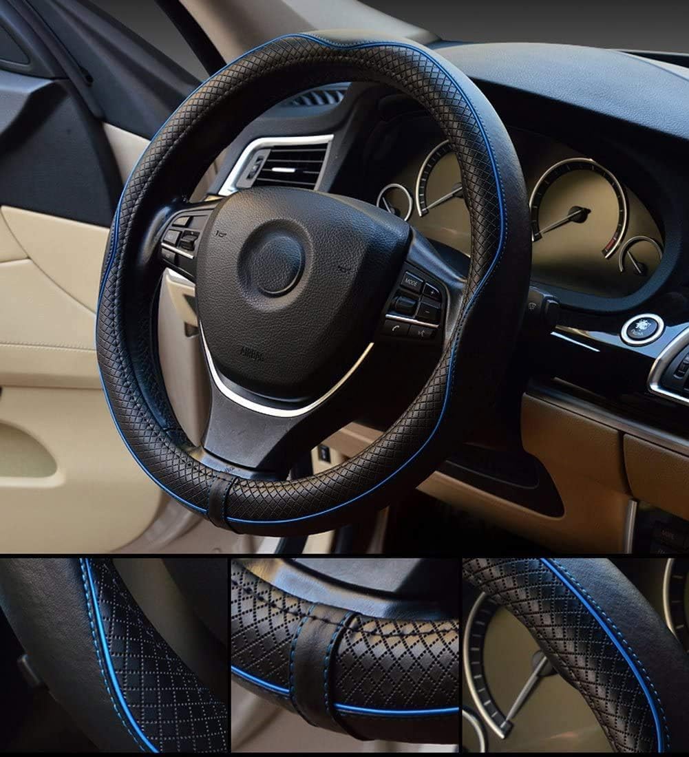 Valleycomfy Steering Wheel Covers Universal 15.75 inch - Genuine Leather, Breathable, Anti Slip &amp; Odor (Black with Blue Lines, L(15" 1/2-16"))