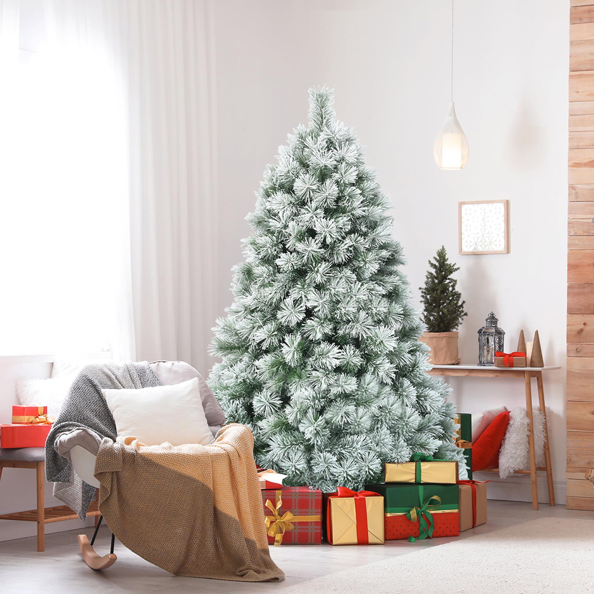 Gymax Hinged Green Snow Flocked Hinged Pine Artificial Christmas Tree, with Metal Stand 6'