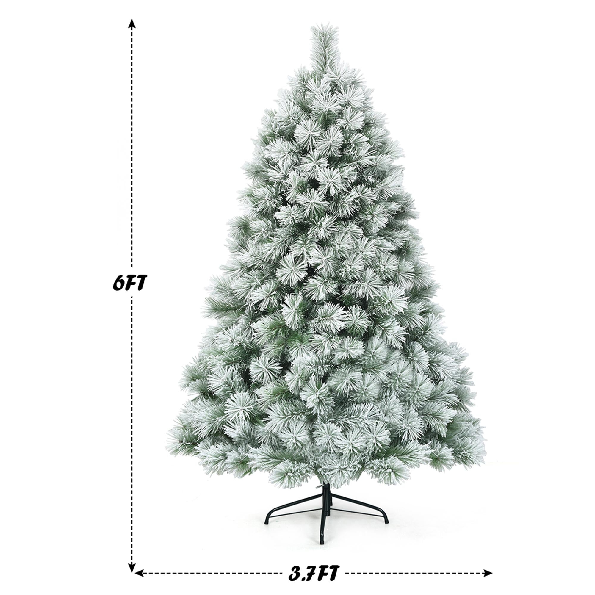 Gymax Hinged Green Snow Flocked Hinged Pine Artificial Christmas Tree, with Metal Stand 6'