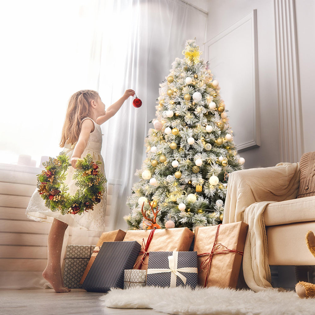 Gymax Hinged Green Snow Flocked Hinged Pine Artificial Christmas Tree, with Metal Stand 6'