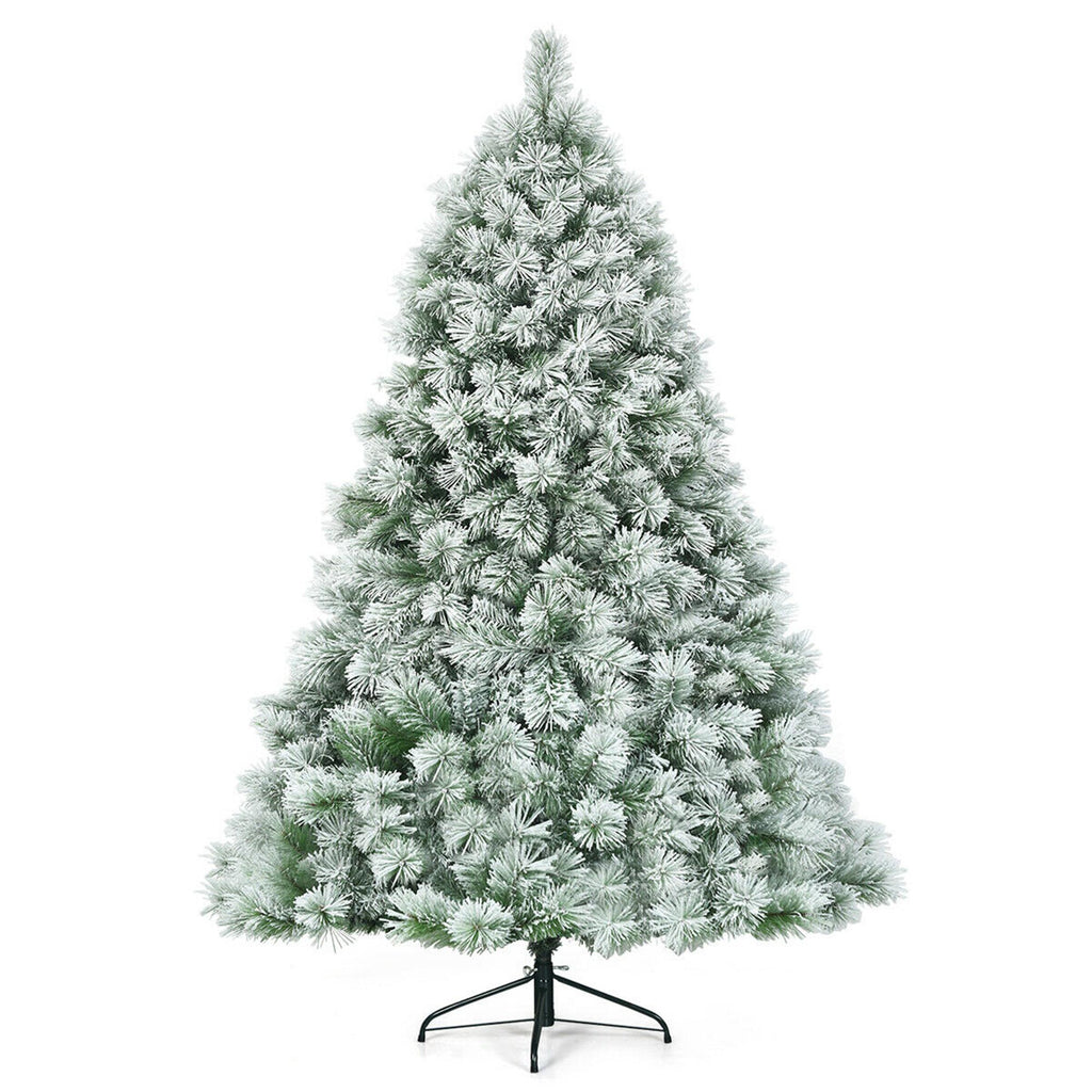 Gymax Hinged Green Snow Flocked Hinged Pine Artificial Christmas Tree, with Metal Stand 6'