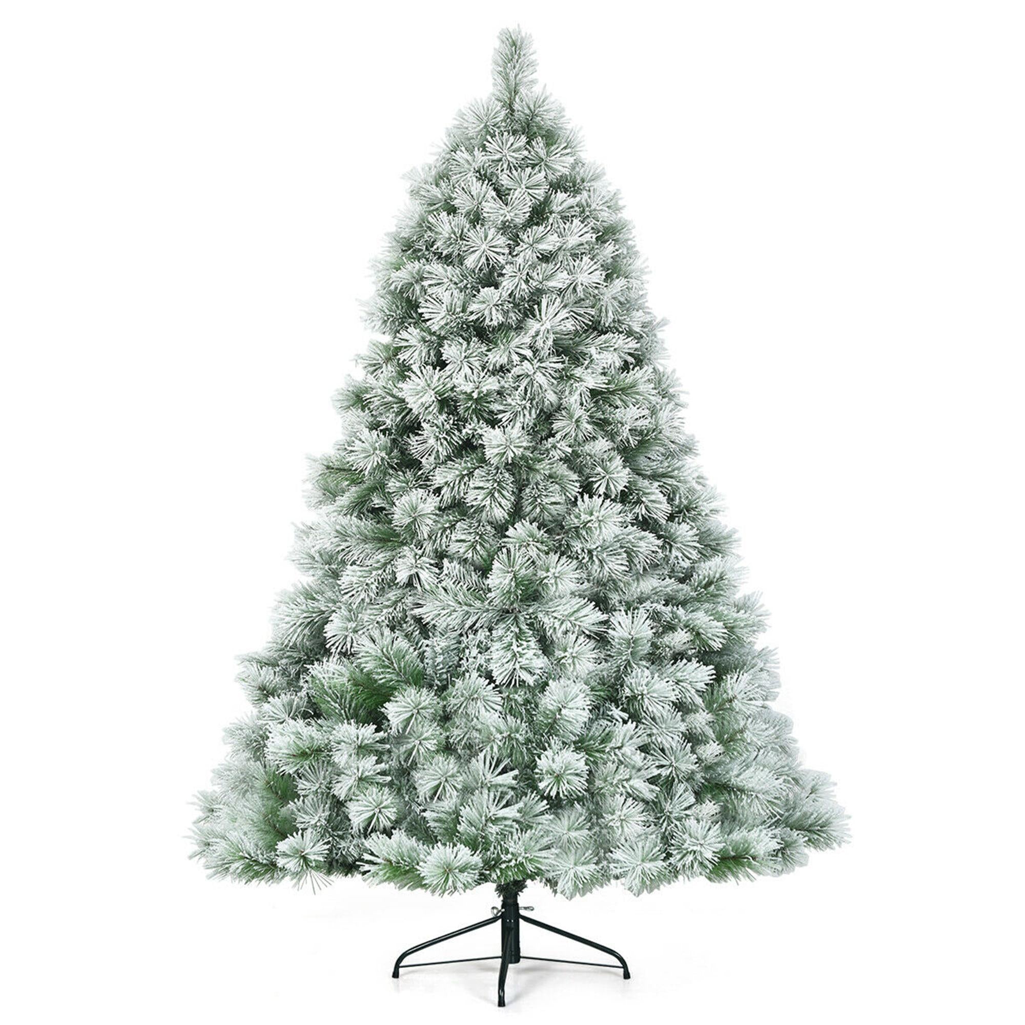 Gymax Hinged Green Snow Flocked Hinged Pine Artificial Christmas Tree, with Metal Stand 6'