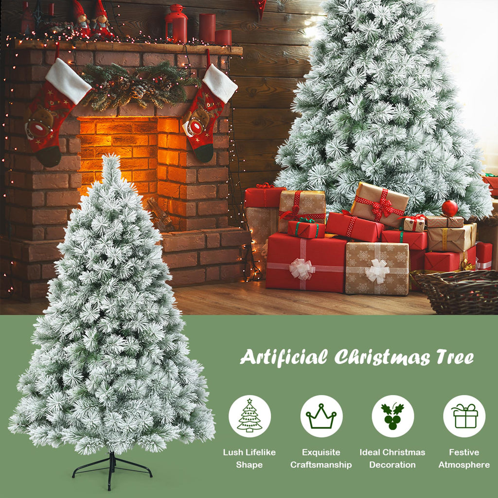Gymax Hinged Green Snow Flocked Hinged Pine Artificial Christmas Tree, with Metal Stand 6'