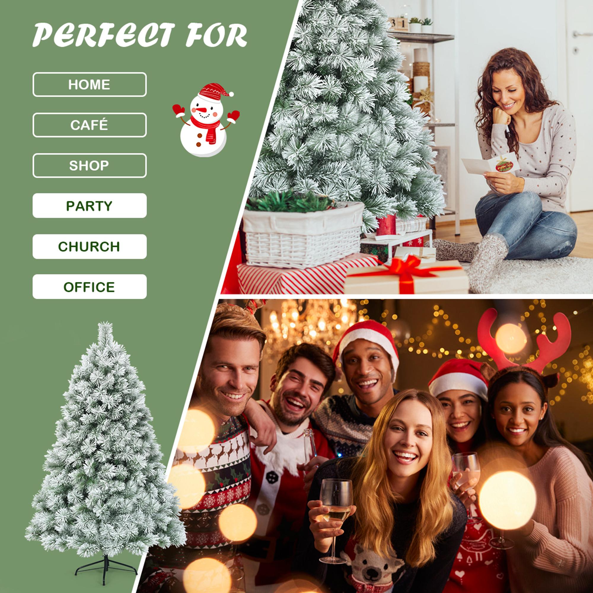 Gymax Hinged Green Snow Flocked Hinged Pine Artificial Christmas Tree, with Metal Stand 6'