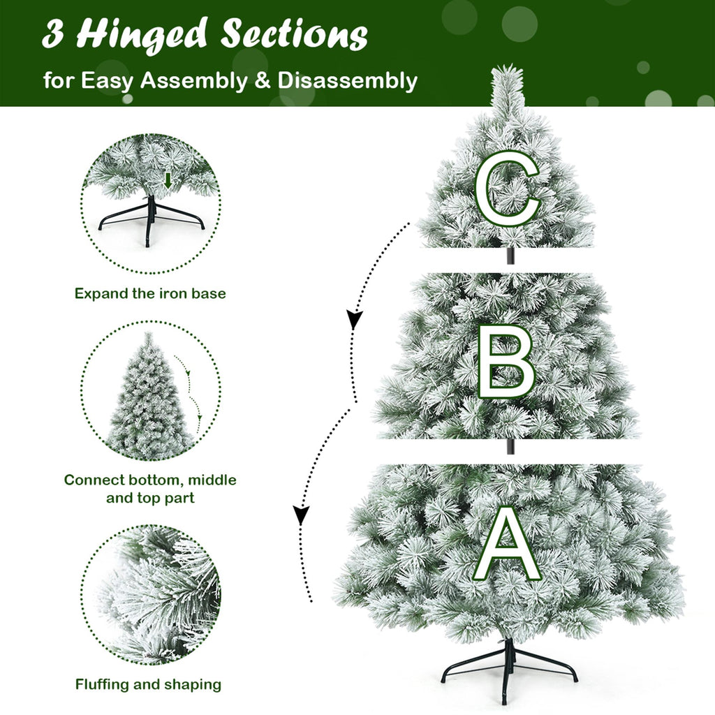 Gymax Hinged Green Snow Flocked Hinged Pine Artificial Christmas Tree, with Metal Stand 6'