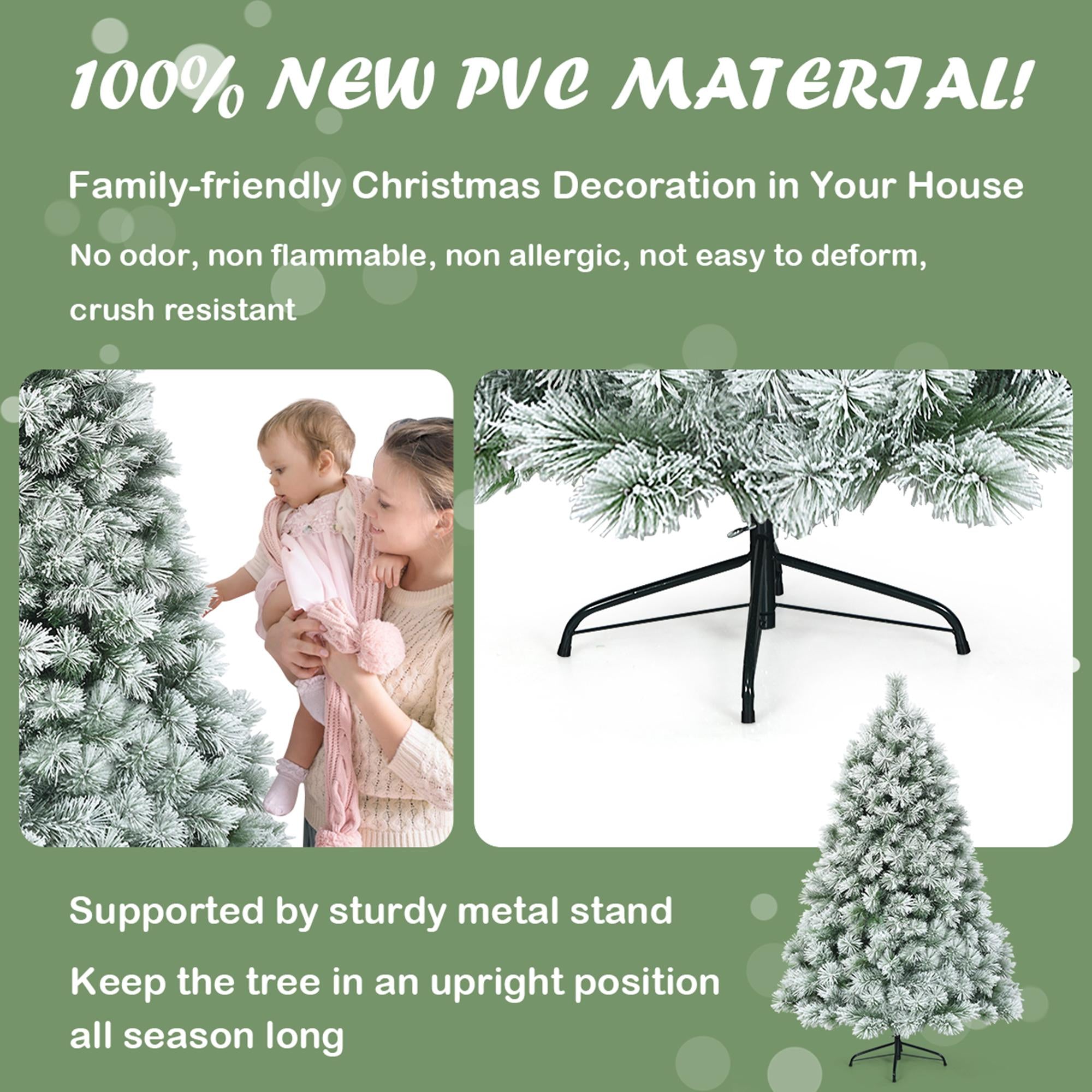 Gymax Hinged Green Snow Flocked Hinged Pine Artificial Christmas Tree, with Metal Stand 6'