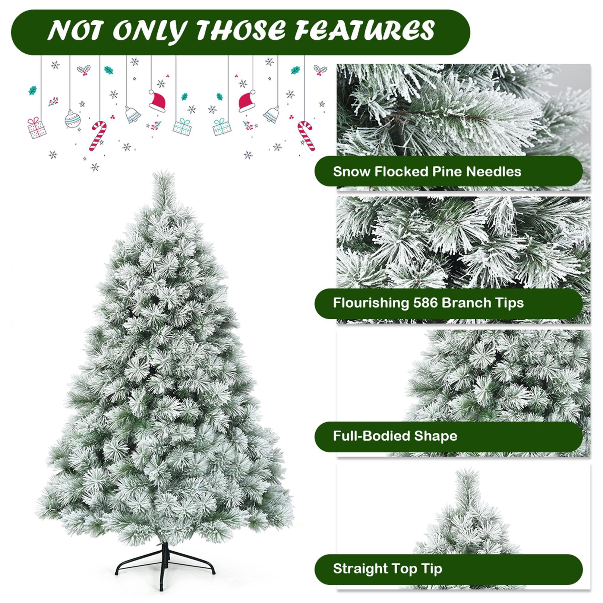 Gymax Hinged Green Snow Flocked Hinged Pine Artificial Christmas Tree, with Metal Stand 6'