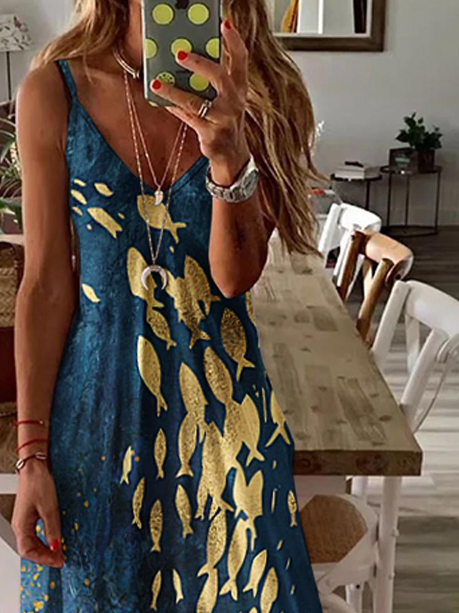 Casual Printed V-neck Strap Dress