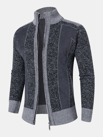 mens contrast stitching stand collar zipper front knitted casual cardigans