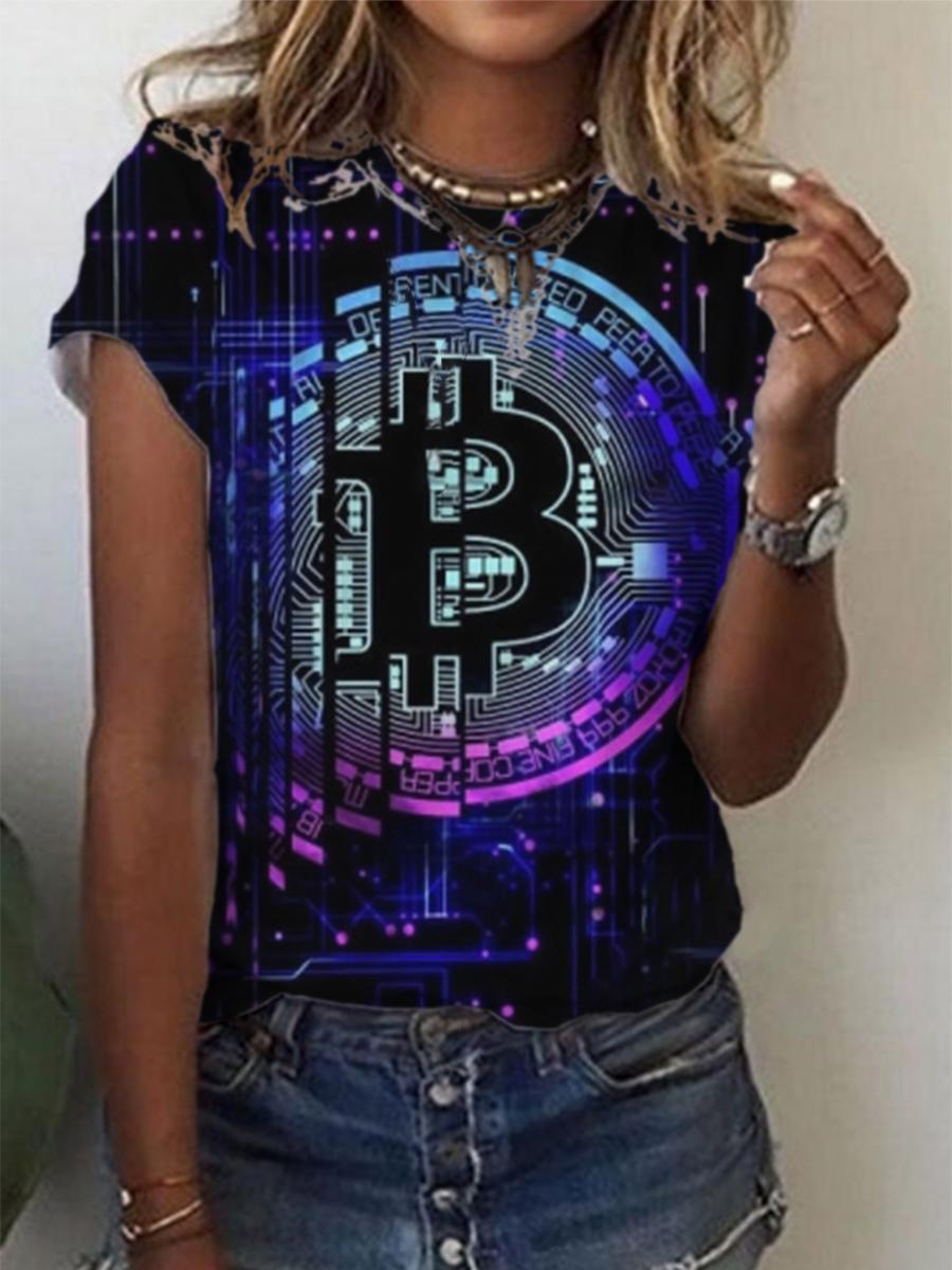 Ladies Casual Bitcoin Print Short Sleeve T-Shirt