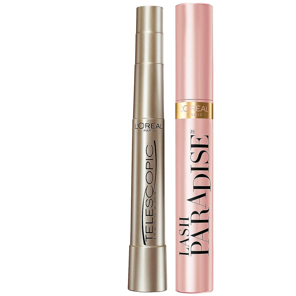 L'Oreal Paris Makeup Voluminous Lash Paradise Mascara for Eyelash Volume and L'Oreal Telescopic Mascara for Lengthening Lashes, Blackest Black, 1 Count of Each
