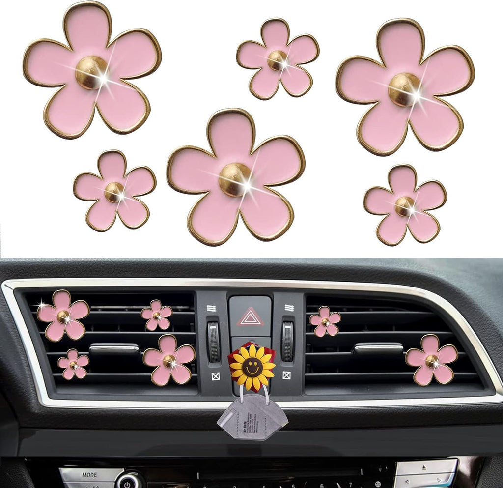 6 Pcs Daisy Air Vent Clips, Cute Flower Air Conditioning Outlet Clip Car Air Fresheners Vent Clips Car Interior Decor Charm Car Decoration Cute Car Accessories for Women Girls + Mask Hook(Pink)