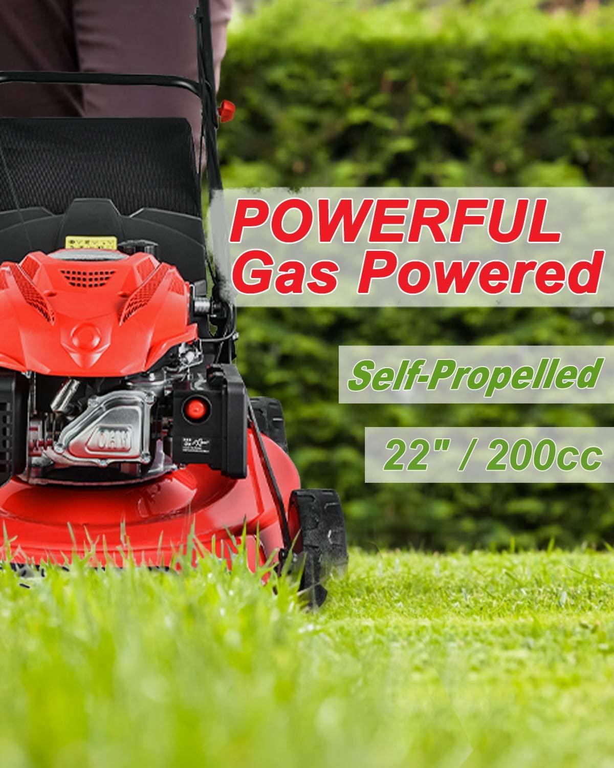 PowerSmart Lawn Mower, 22-inch & 200CC, Gas Powered Self-Propelled Lawn Mower with 4-Stroke Engine, 3-in-1 Gas Mower in Color Red/Black, 5 Adjustable Heights (1.18''-3.02'' ), DB9422SR