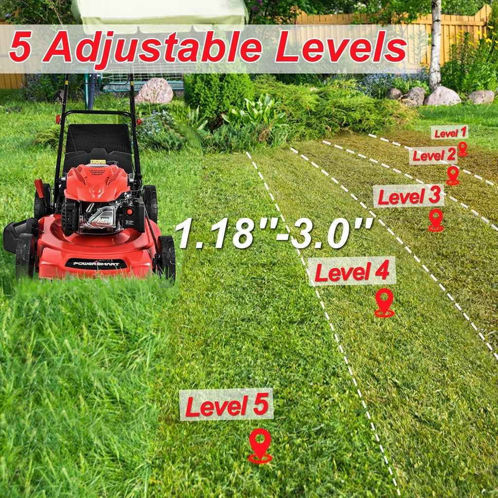 PowerSmart Lawn Mower, 22-inch & 200CC, Gas Powered Self-Propelled Lawn Mower with 4-Stroke Engine, 3-in-1 Gas Mower in Color Red/Black, 5 Adjustable Heights (1.18''-3.02'' ), DB9422SR
