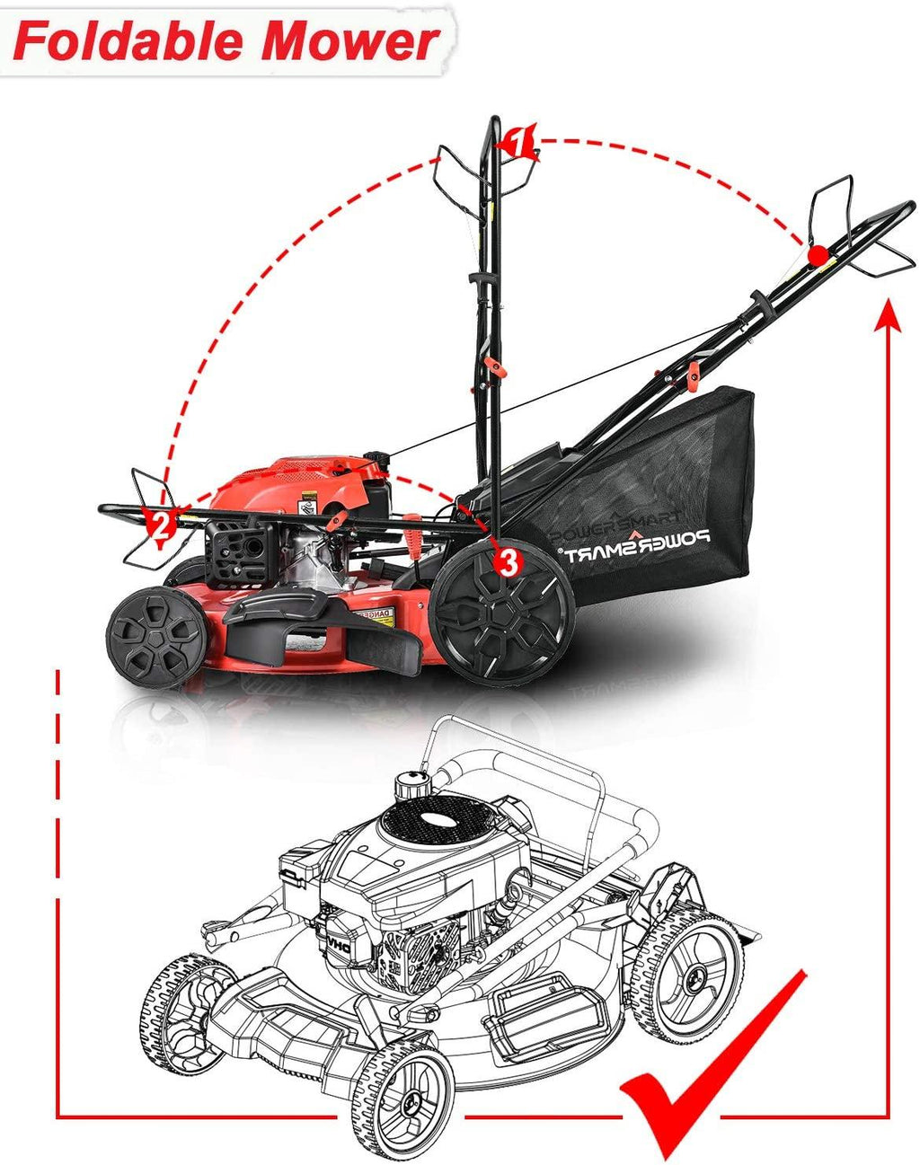 PowerSmart Lawn Mower, 22-inch & 200CC, Gas Powered Self-Propelled Lawn Mower with 4-Stroke Engine, 3-in-1 Gas Mower in Color Red/Black, 5 Adjustable Heights (1.18''-3.02'' ), DB9422SR