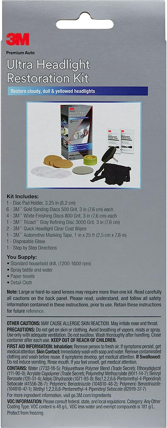 3M Ultra Headlight Restoration Kit, Easy Heavy-Duty Restoration, 39195, 1 Kit, Drill Required, Gray