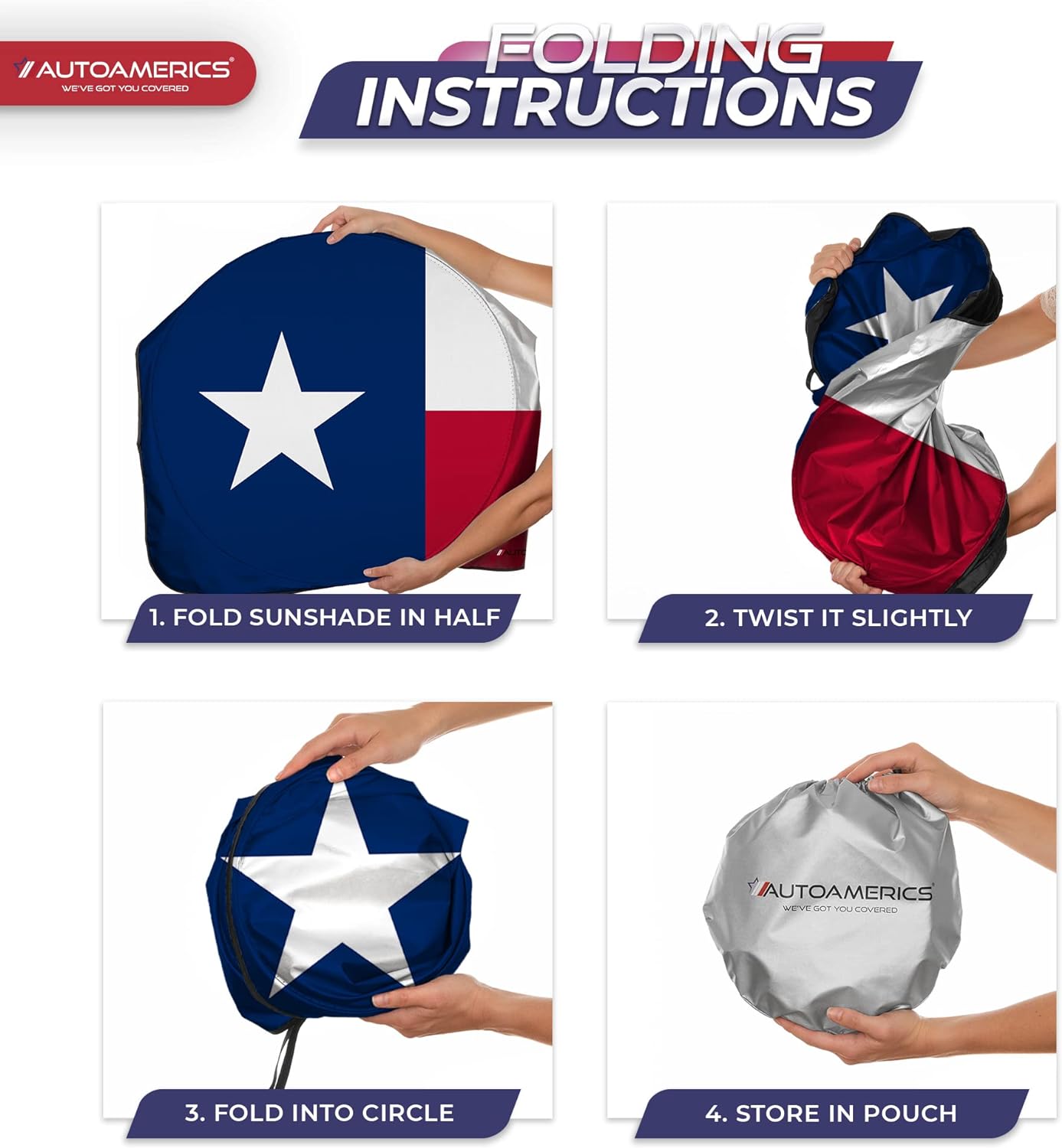 Autoamerics 1-Piece Windshield Sun Shade American Texas Flag USA Patriotic  - Foldable Car Front Window Sunshade for Sedans SUV Truck - Blocks Max UV Rays and Keeps Your Vehicle Cool - X-Large