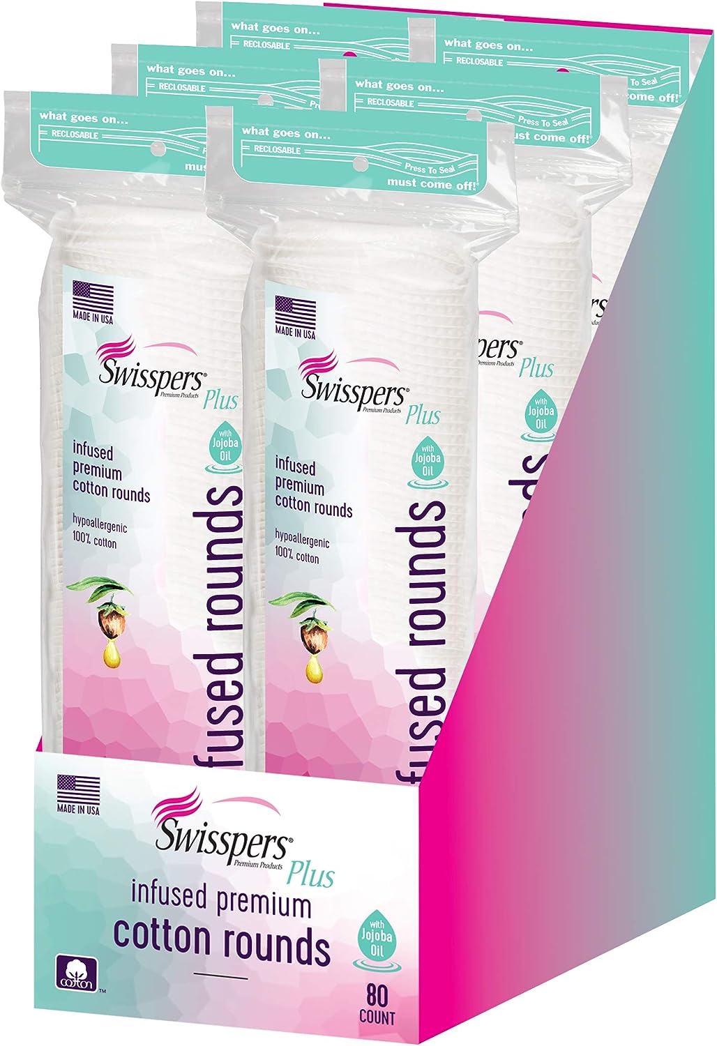 Swisspers Infused Premium Cotton Rounds with Jojoba Oil, 480-Count (6 Packages of 80-Count Rounds)