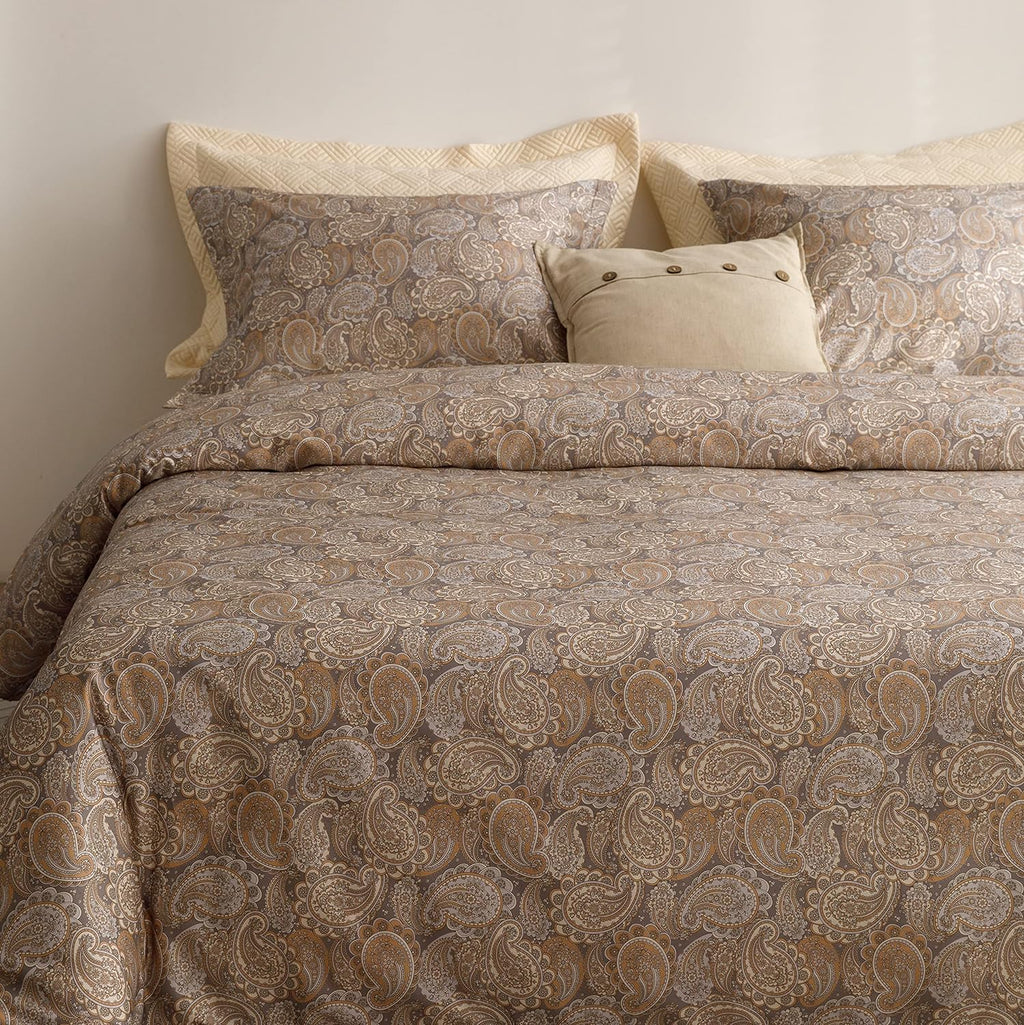 HeimenAogo Egyptian Cotton Duvet Cover Queen Size Sateen Weave, Silky Soft Boho Duvet Cover Zipper Closure, Long Staple Cotton Bed Linen Paisley Pattern 3Pcs